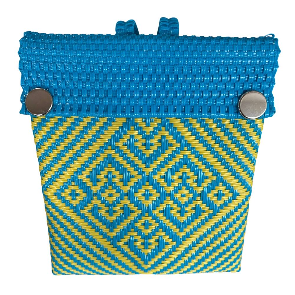 Mexican Handwoven Recycled Blue & Yellow Plastic Aztec Print Backpack, EUC
